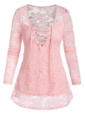Lace-up Notched Flower Lace Blouse